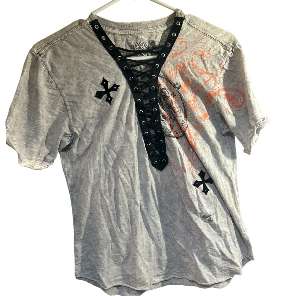 Affliction Gray and Orange Crop Top with Lace-Up Detail